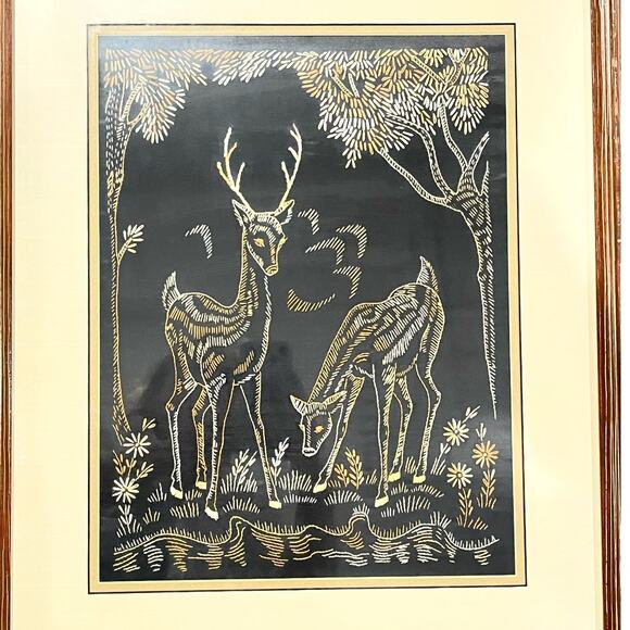 VTG 1930s Embroidery Under Glass DEER ART Framed Doe Buck Forest Stream 18.5x22" - Picture 3 of 9